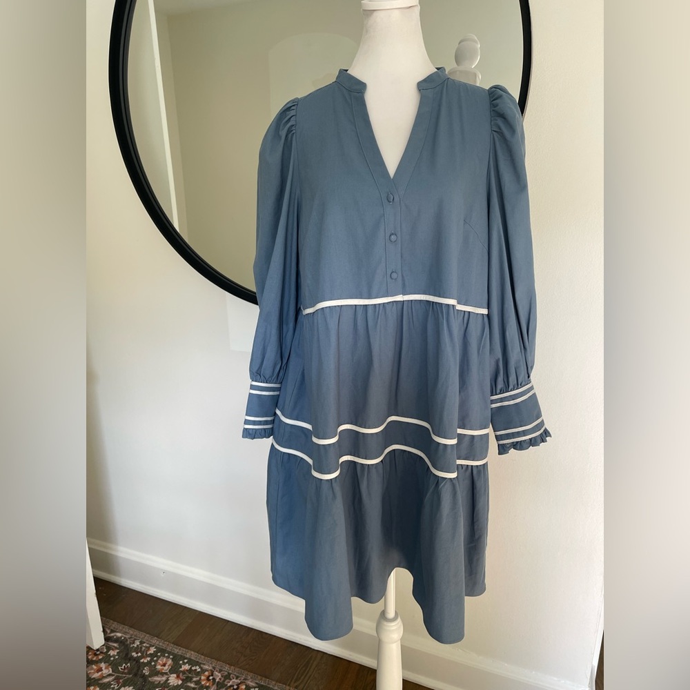 Pomander Place Blue Long Sleeve Tiered V-Neck Dress with White Trim - Picture 6 of 10